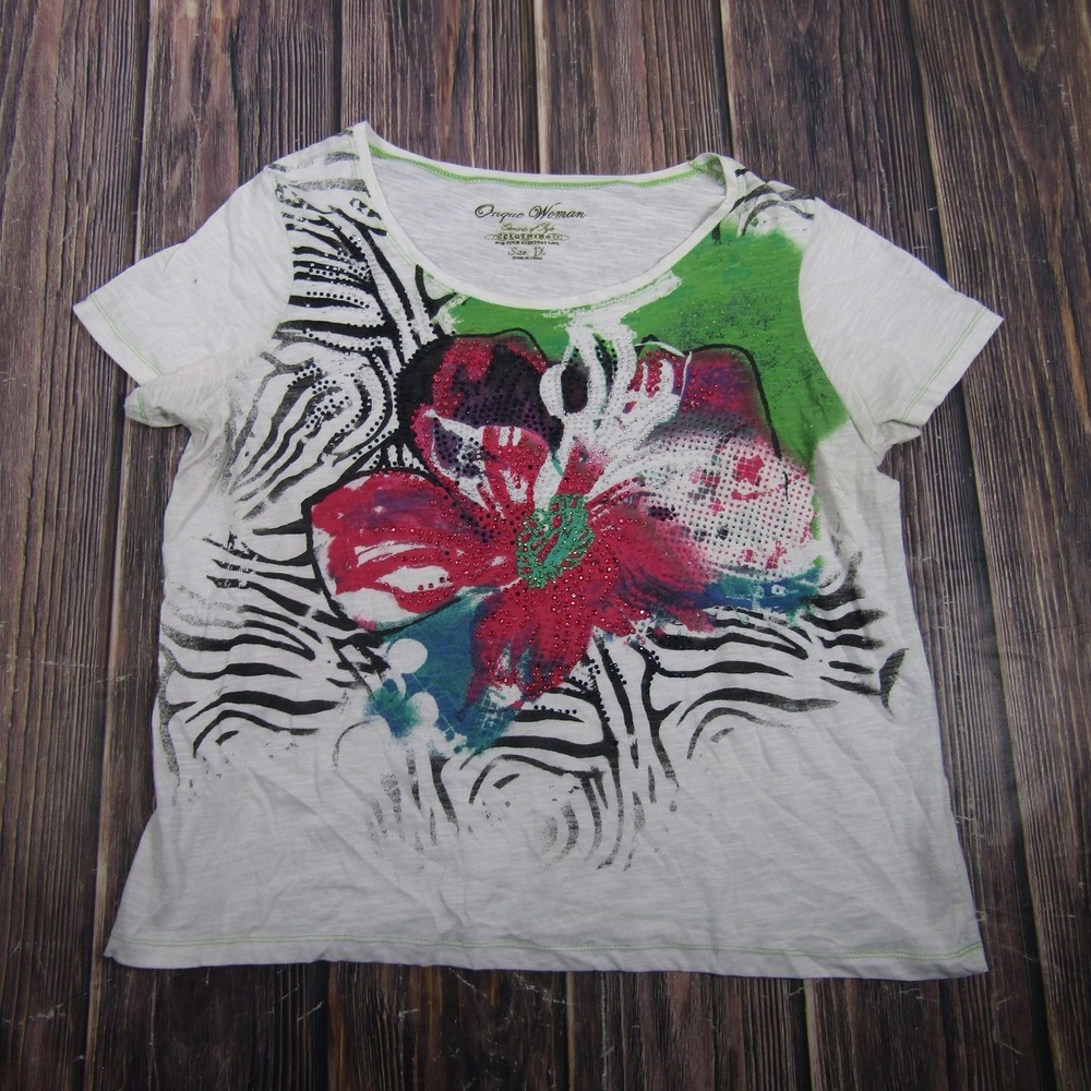 Onque Woman Shirt Womens 1X White Floral Zebra Rhinestone Graphic Granny Core